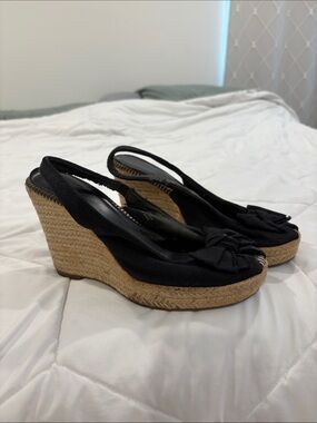 MIA Black Canvas Bow Peep Toe Espadrille Wedge Sandals 7.5 Y2K